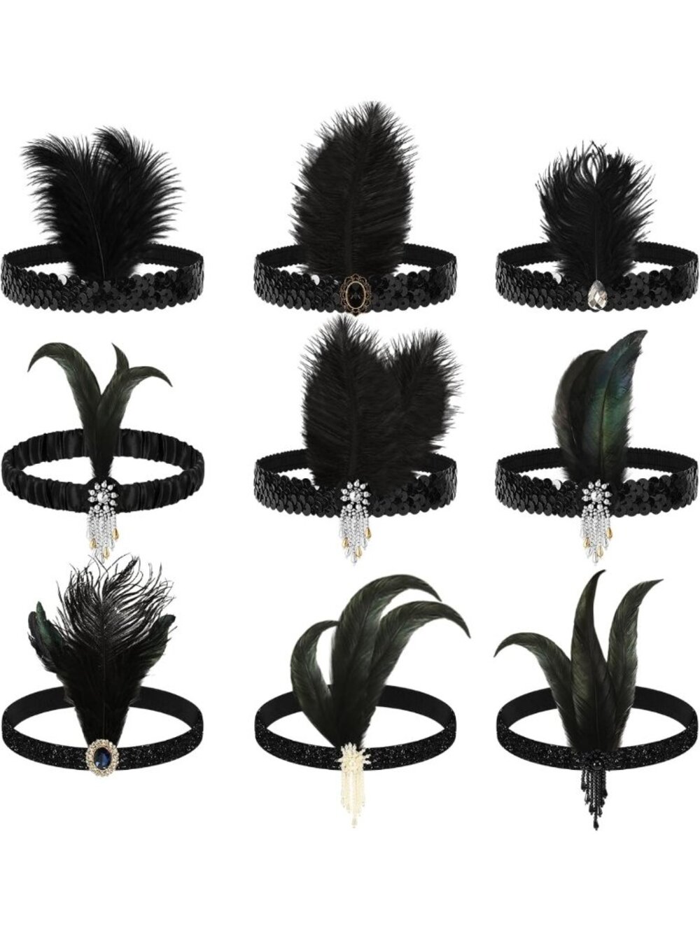 1920s Flapper Headbands Set - 9 Pcs Vintage Feather Gatsby Hair Accessories
